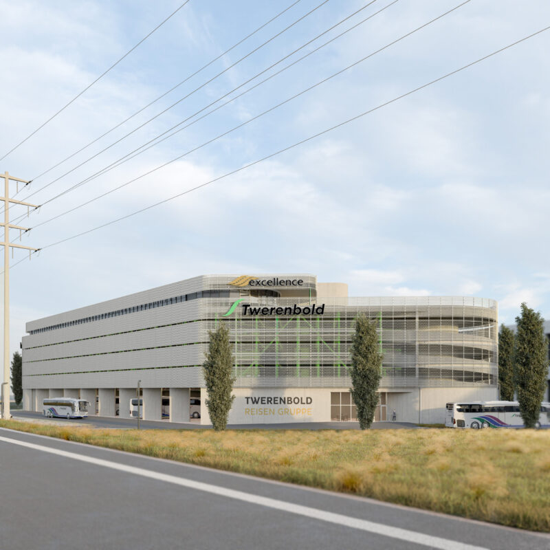 Das neue Reiseterminal der Twerenbold Reisen Gruppe in Frauenfeld. Die Eröffnung des wegweisenden Neubaus erfolgt voraussichtlich im Jahr 2028. (Visualisierung: Twerenbold Reisen Gruppe / Strut Architekten)