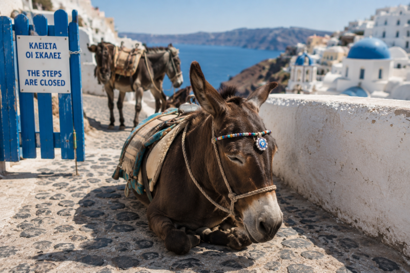 Glück für die Esel auf Santorini: Die Karavolades Treppe ist gesperrt